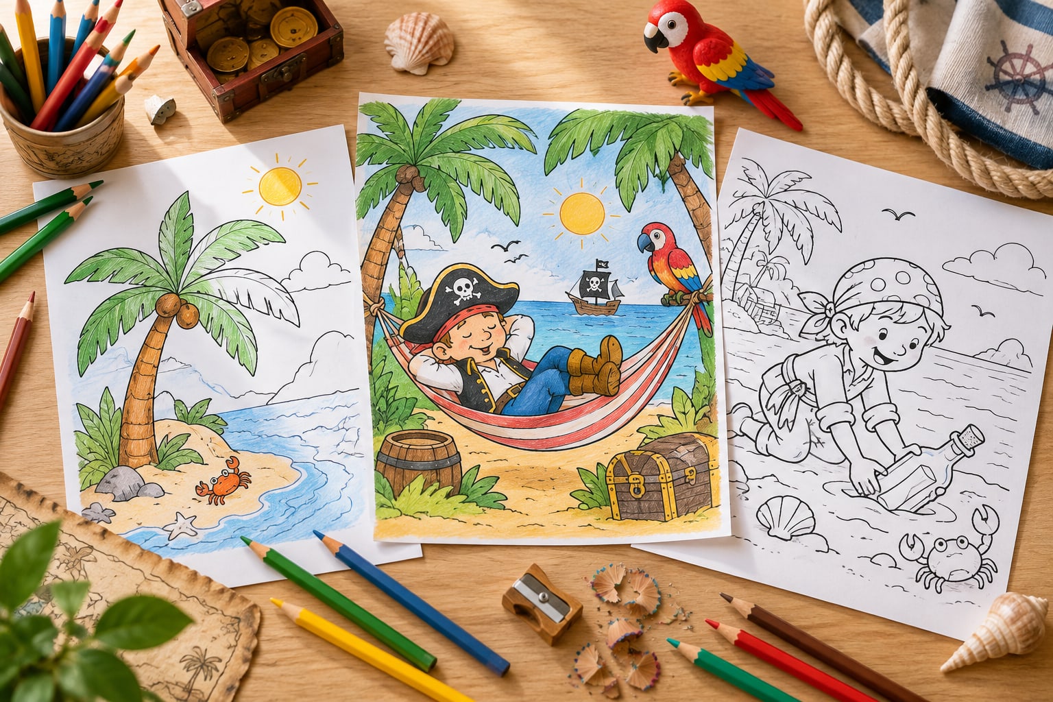 Pirateninsel: Ausmalbilder mit Palmen und Strand